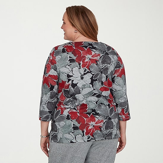Alfred Dunner Classics Womens Plus Keyhole Neck 3/4 Sleeve T-Shirt