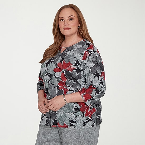 Alfred Dunner Classics Womens Plus Keyhole Neck 3/4 Sleeve T-Shirt