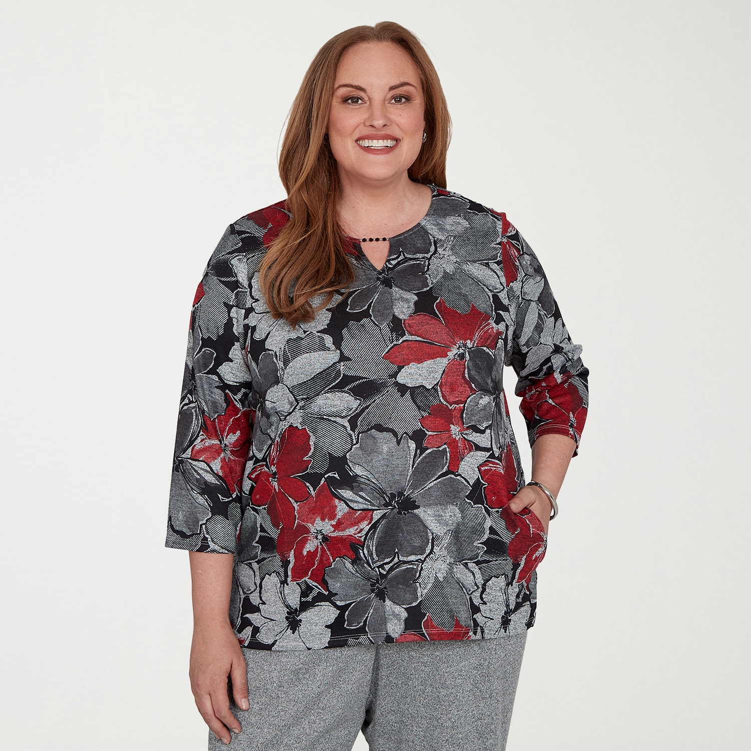 Alfred Dunner Womens Plus Split Crew Neck 3/4 Sleeve T-Shirt