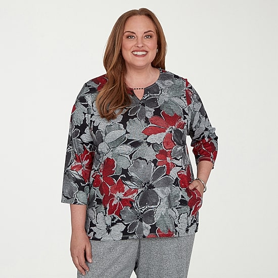 Alfred Dunner Classics Womens Plus Keyhole Neck 3/4 Sleeve T-Shirt