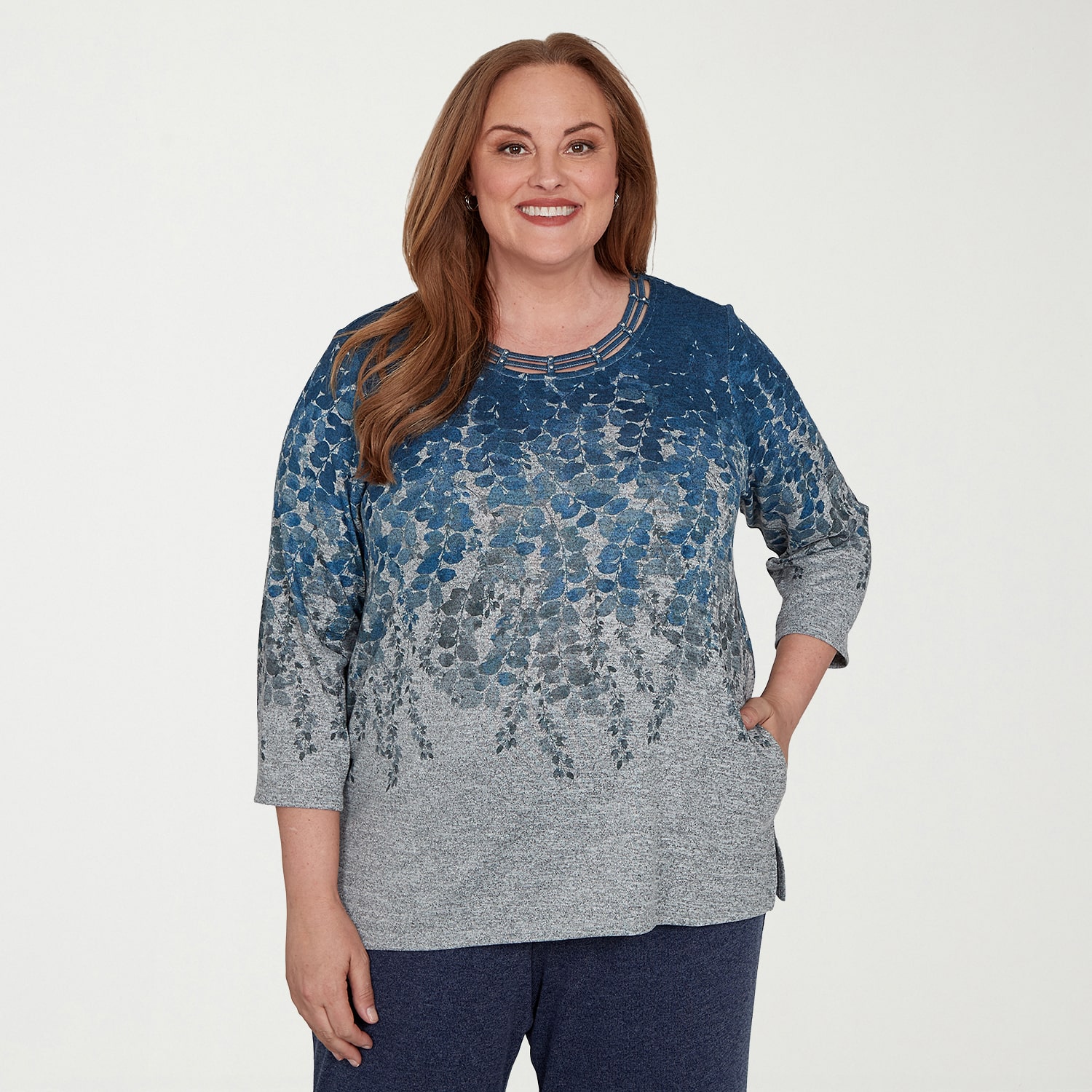 Alfred Dunner Womens Plus Crew Neck 3/4 Sleeve T-Shirt