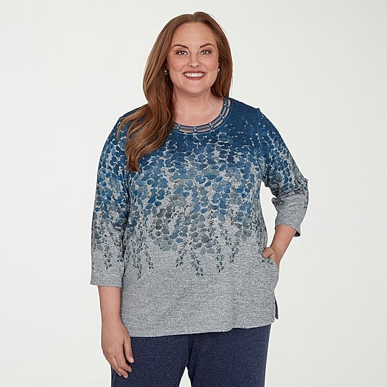 Alfred Dunner Classics Womens Plus Crew Neck 3/4 Sleeve T-Shirt