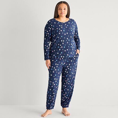 Jaclyn Womens Crew Neck Long Sleeve 2-pc. Plus Pajama Set In Blue
