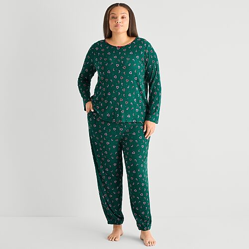 Jaclyn Womens Crew Neck Long Sleeve 2-pc. Plus Pajama Set In Green