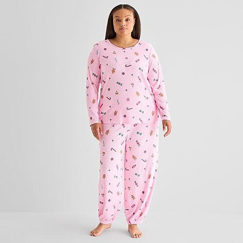 Jaclyn Womens Crew Neck Long Sleeve 2-pc. Plus Pajama Set In Pink