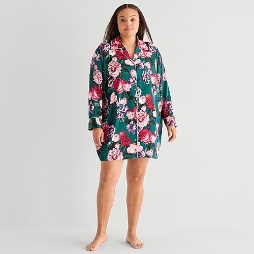 Ambrielle Womens Satin Long Sleeve Nightshirt In Green