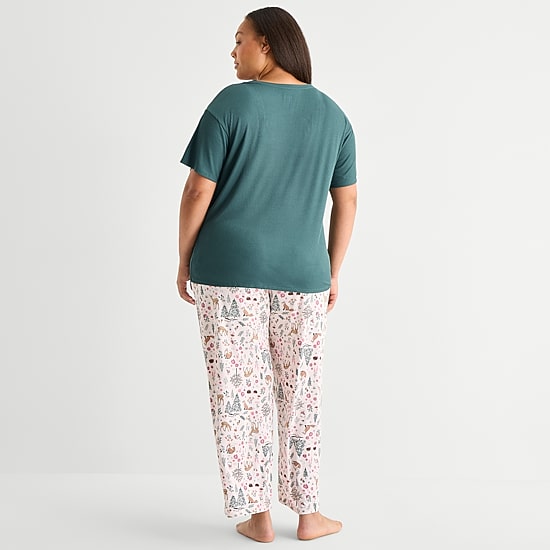 Jaclyn Womens Crew Neck Short Sleeve 2-pc. Plus Pajama Set