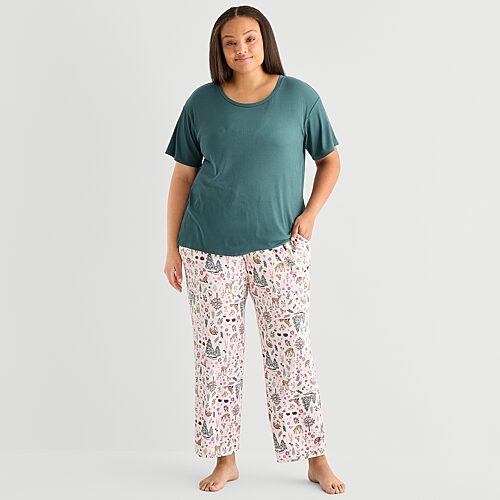 Jaclyn Womens Crew Neck Short Sleeve 2-pc. Plus Pajama Set In Green
