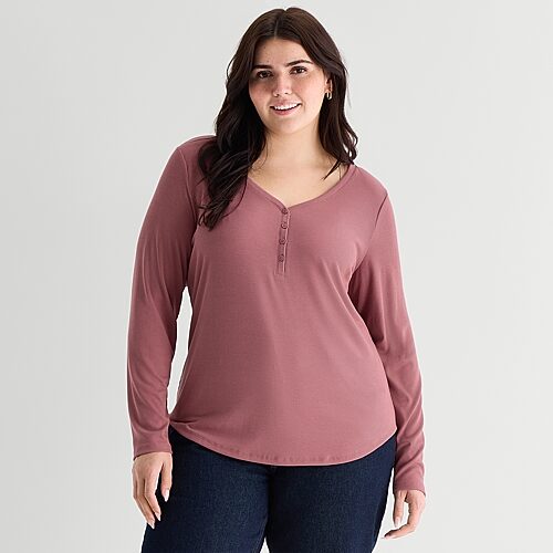 Ana Womens Plus Long Sleeve Regular Fit Henley Shirt In Pink