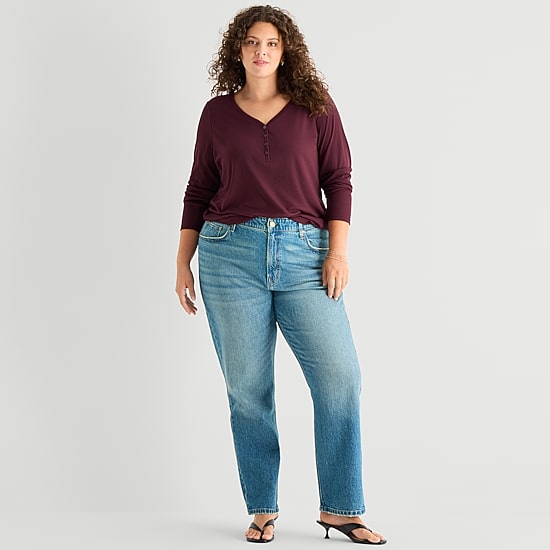 A.N.A Womens Plus Long Sleeve Regular Fit Henley Shirt