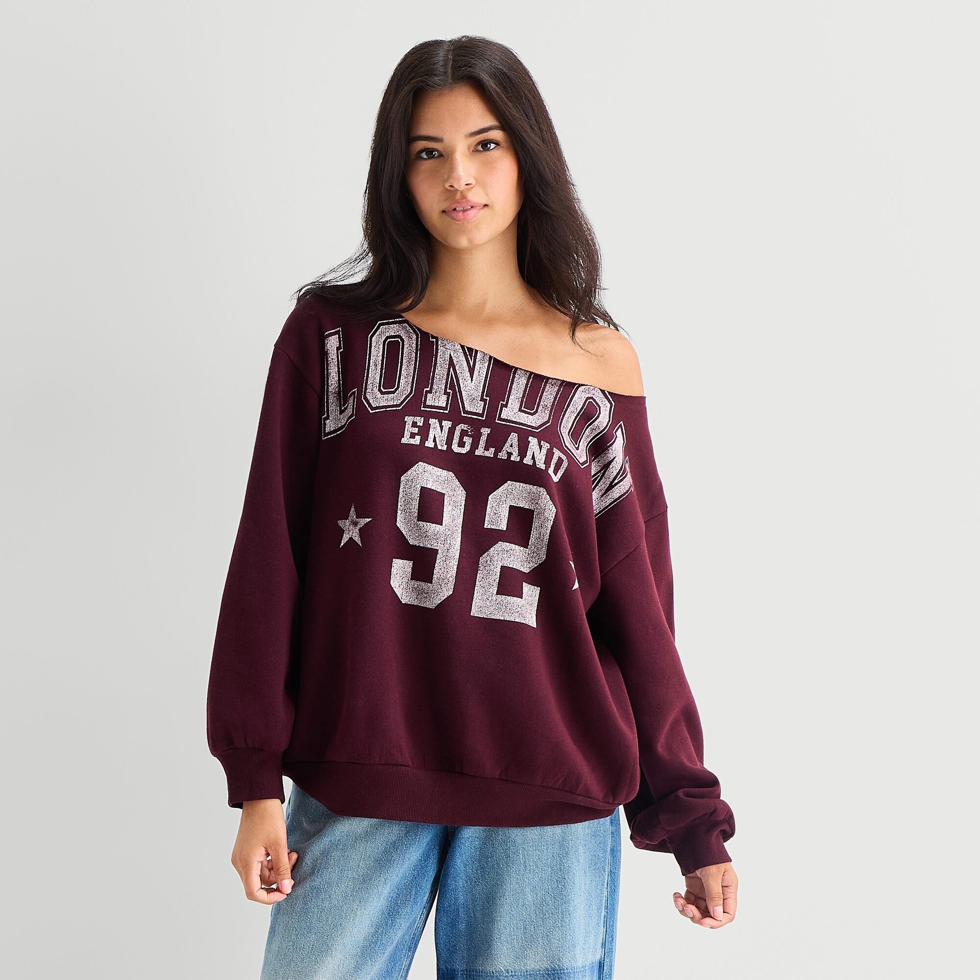 Arizona Womens Juniors Asymmetrical Neck Long Sleeve Sweatshirt