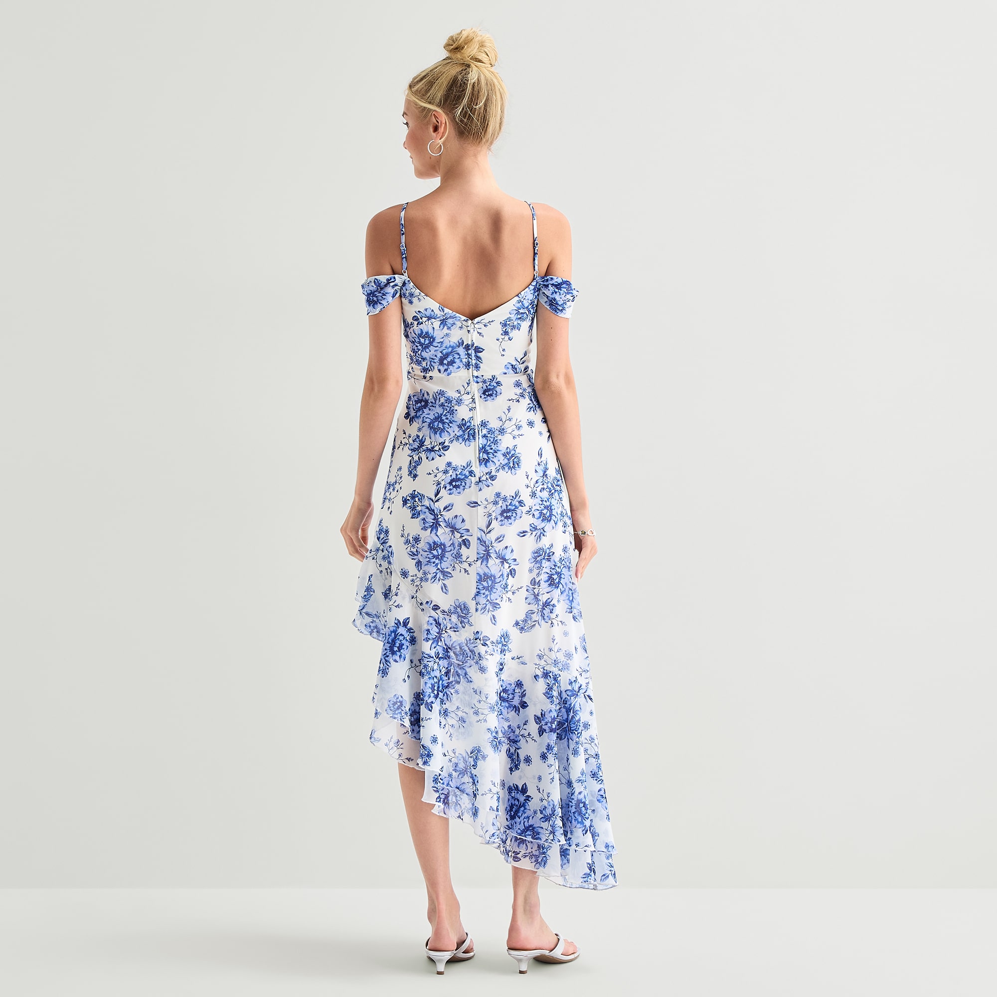 City Triangle Womens High-Low Draped Neck Sleeveless Off the Shoulder Chiffon Fit + Flare Dress