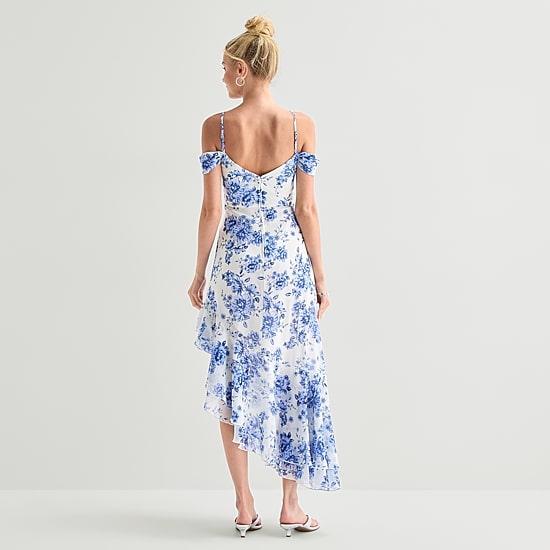 City Triangle Womens High-Low Draped Neck Sleeveless Off the Shoulder Chiffon Fit + Flare Dress