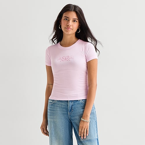 Arizona Womens Juniors Crew Neck Short Sleeve Regular Fit Graphic T-Shirt, Xx-large, Pink