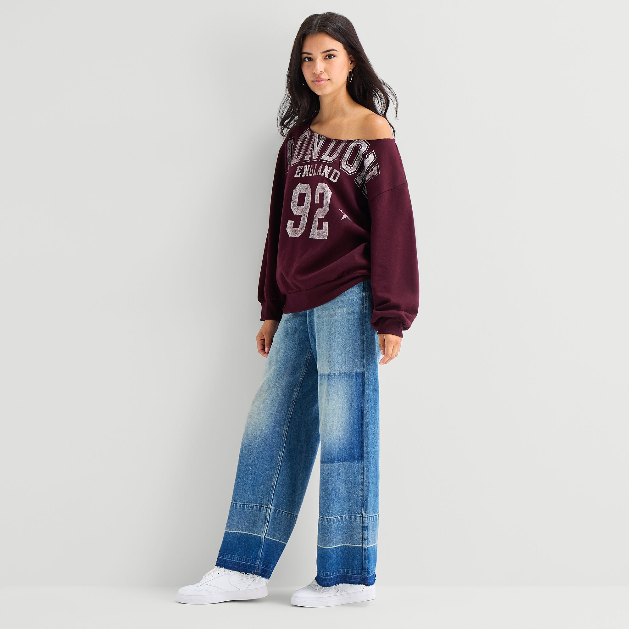 Arizona Womens Juniors Asymmetrical Neck Long Sleeve Sweatshirt