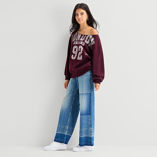 Arizona Womens Juniors Asymmetrical Neck Long Sleeve Sweatshirt