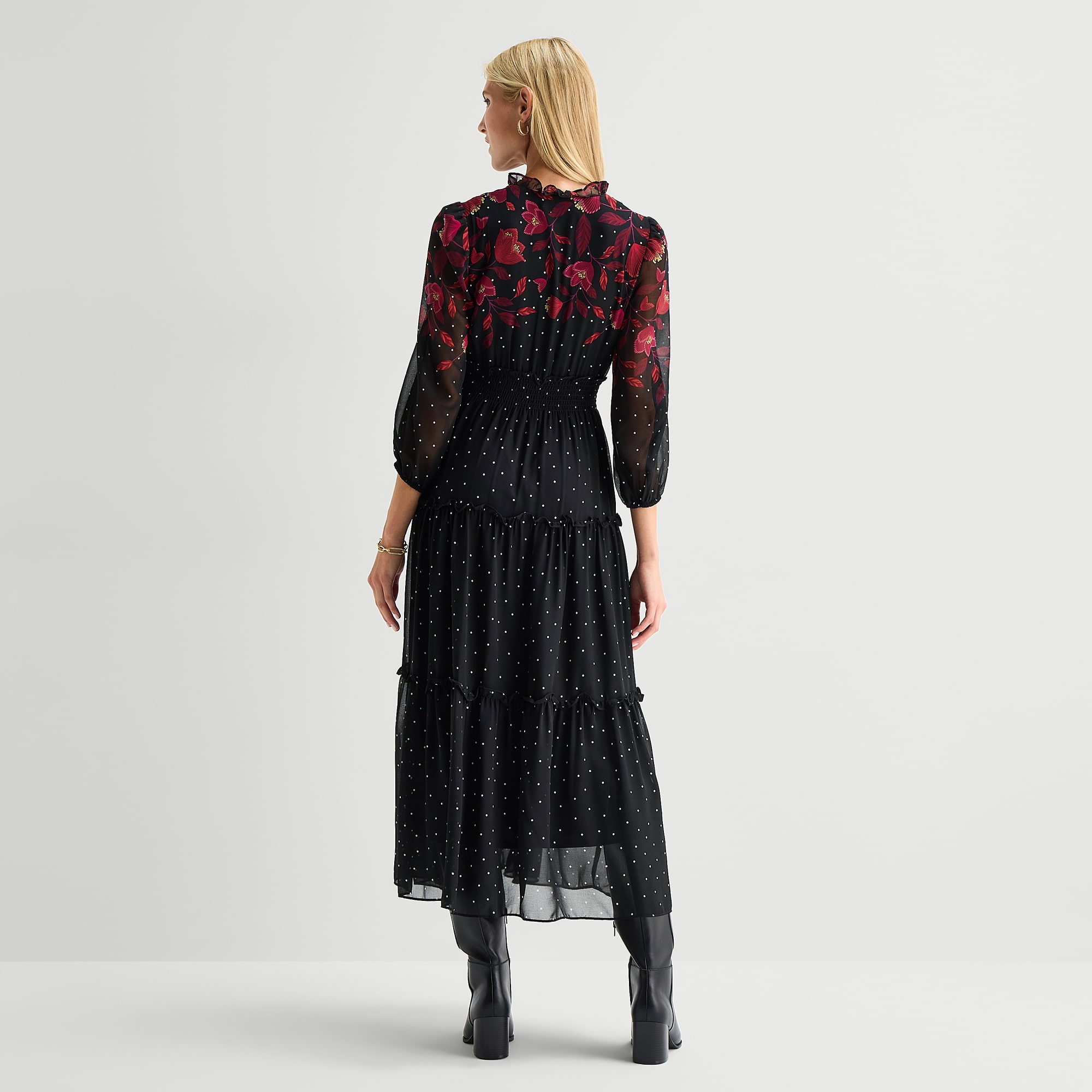 Melonie T Womens V Neck 3/4 Sleeve Balloon Chiffon Maxi Dress