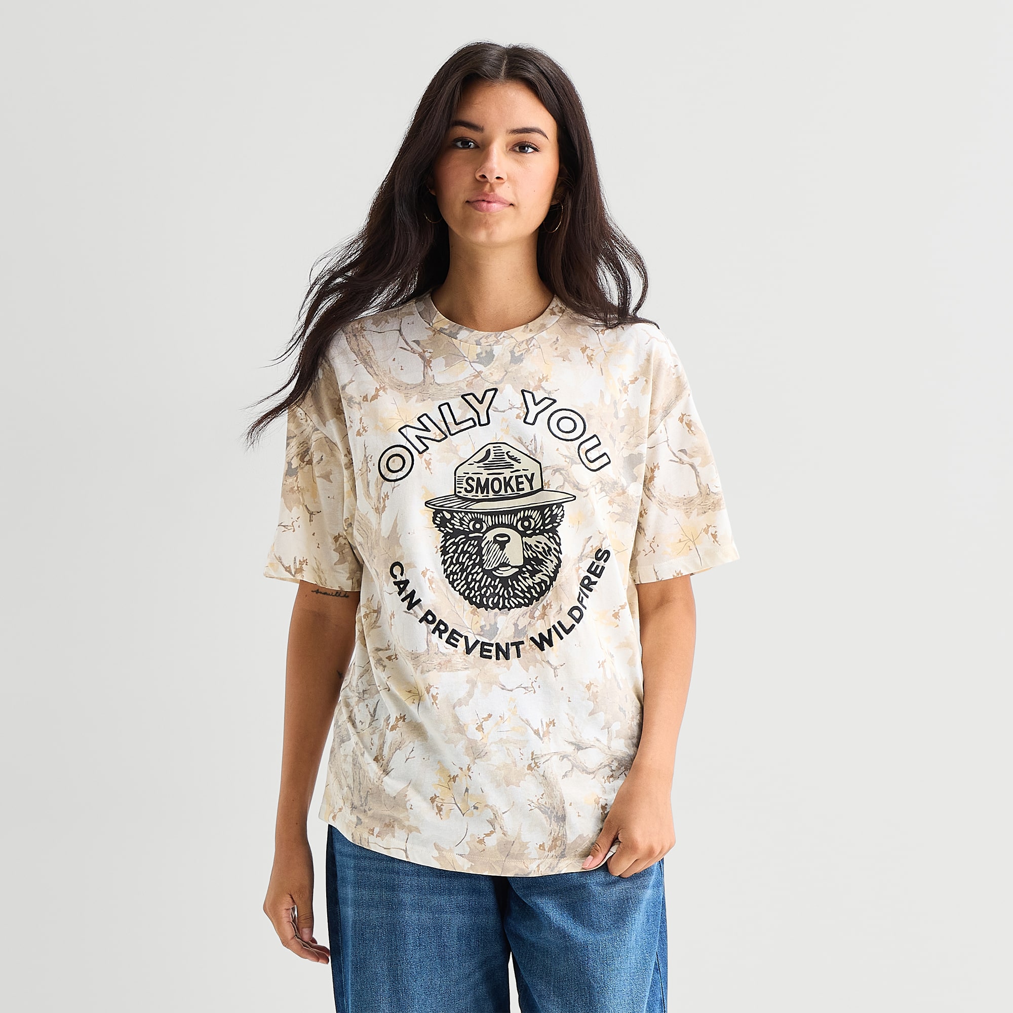 Camo Smokey Bear Oversized Tee Womens Juniors Crew Neck Short Sleeve Graphic T-Shirt