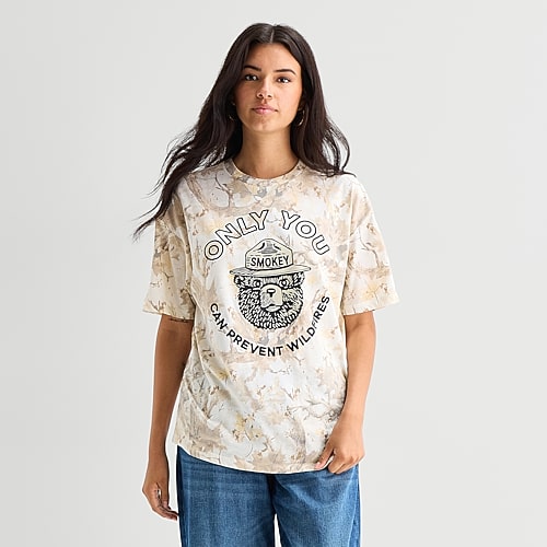 Mad Engine Camo Smokey Bear Oversized Tee Womens Juniors Crew Neck Short Sleeve Oversized Graphic T-shirt In Beige