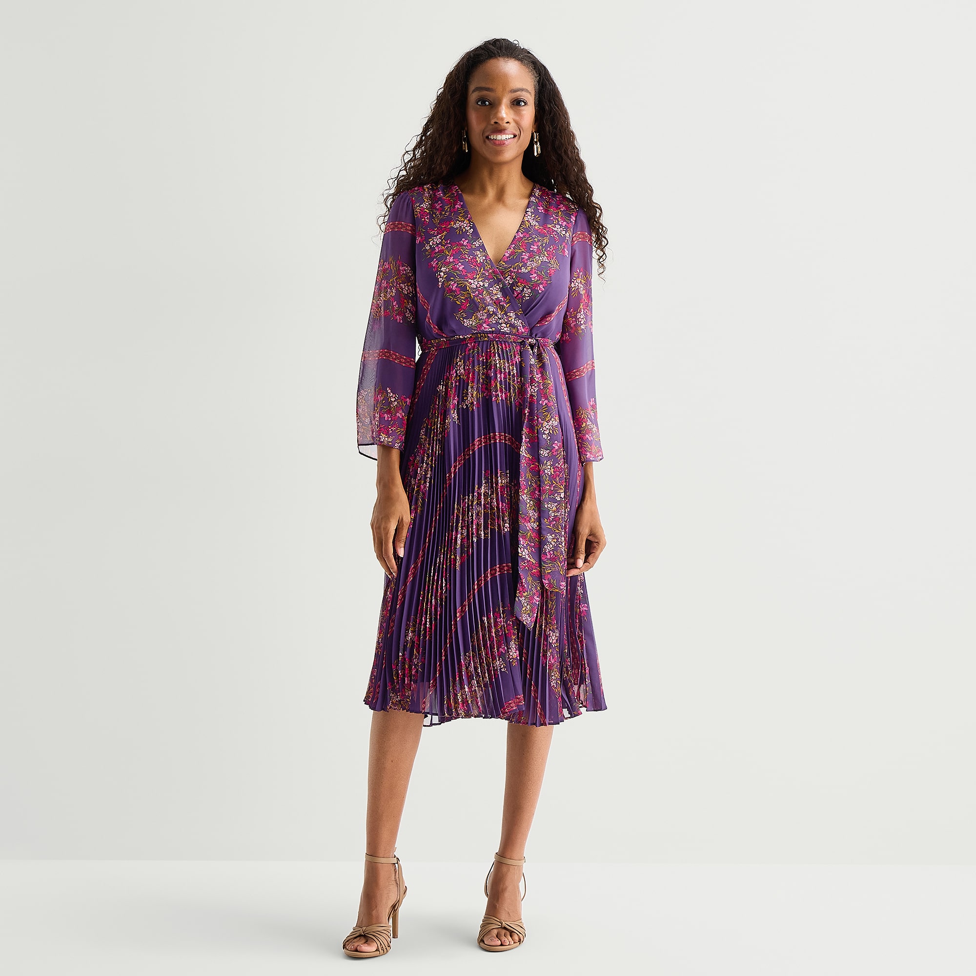 Danny & Nicole Womens Midi V Neck 3/4 Sleeve Fitted Chiffon Floral Fit + Flare Dress