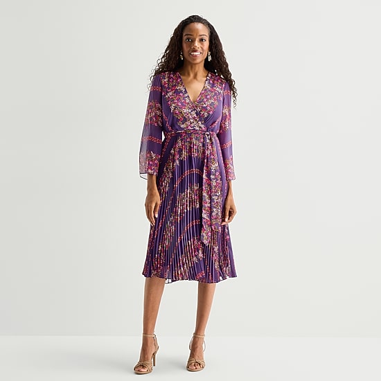 Danny & Nicole Womens Midi V Neck 3/4 Sleeve Chiffon Floral Fit + Flare Dress