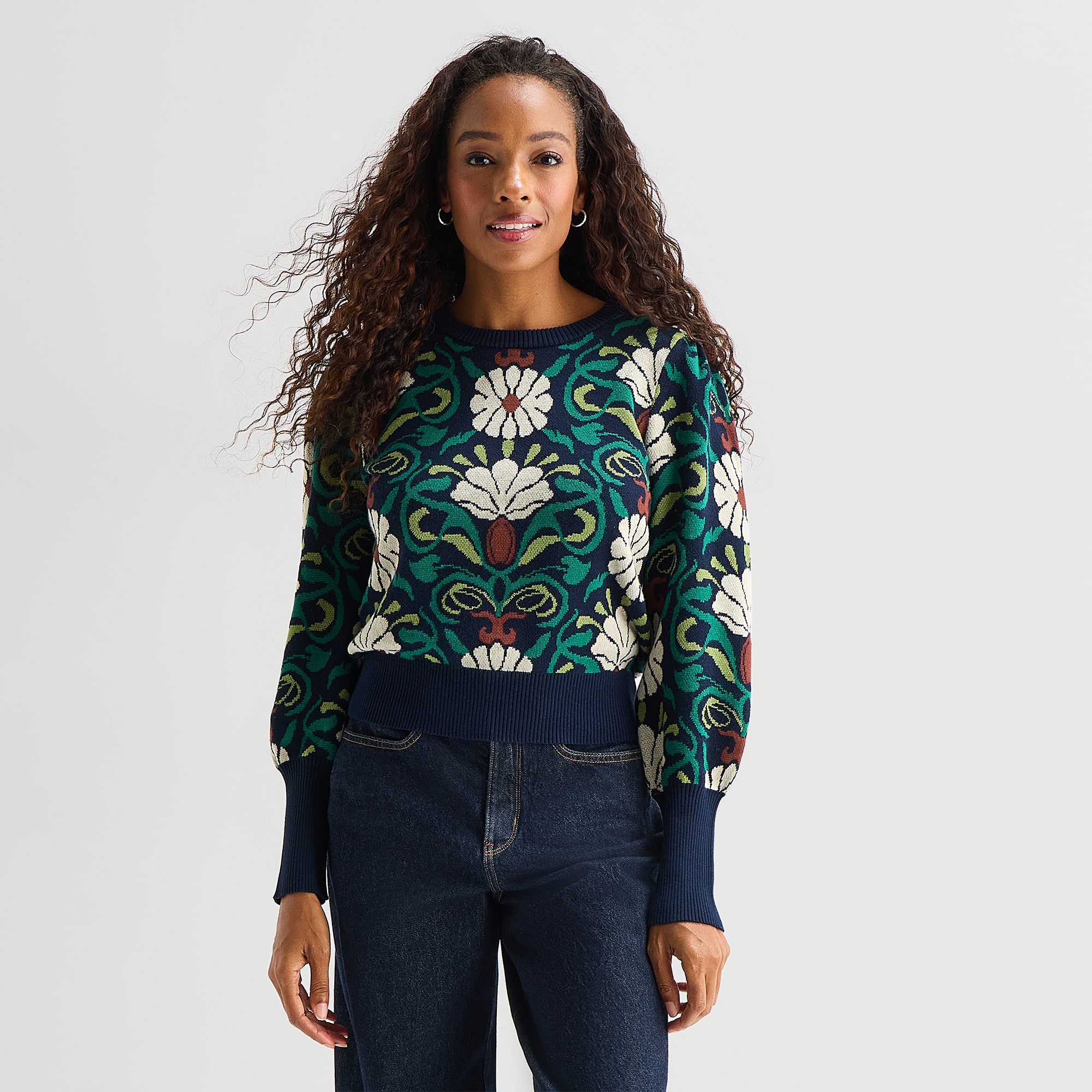 St. John's Bay Womens Crew Neck Long Sleeve Floral Pullover Sweater