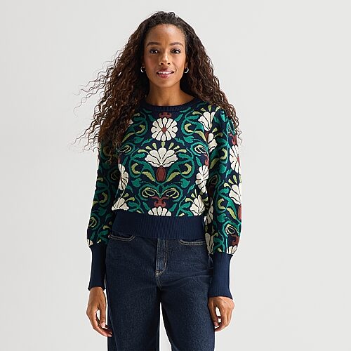 St. John's Bay Womens Crew Neck Long Sleeve Floral Pullover Sweater In Blue