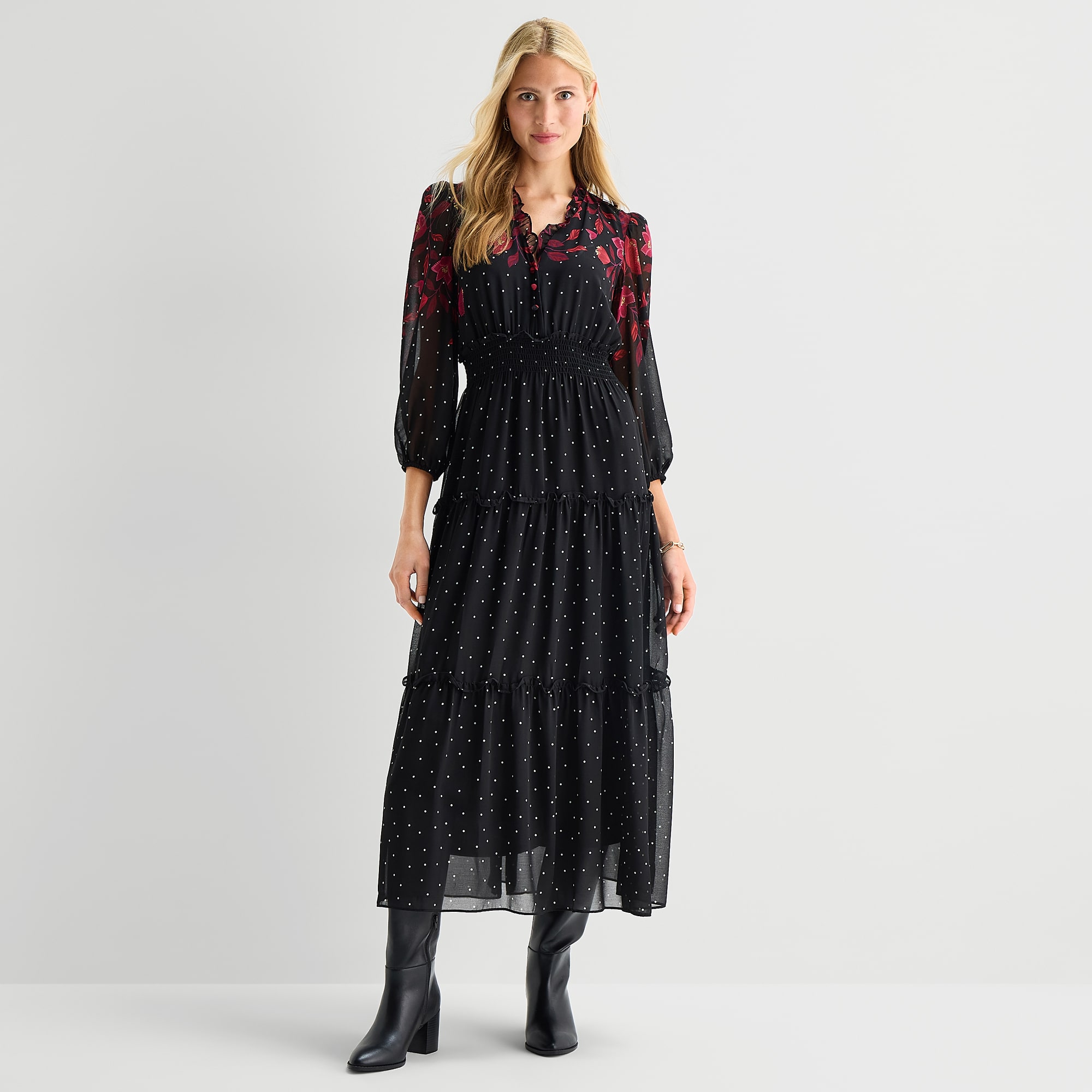 Melonie T Womens V Neck 3/4 Sleeve Balloon Chiffon Maxi Dress