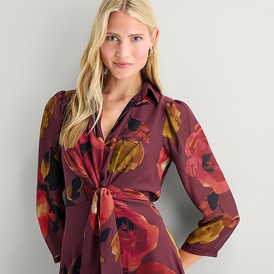 Danny & Nicole Womens 3/4 Sleeve Midi Floral Shirt Dress