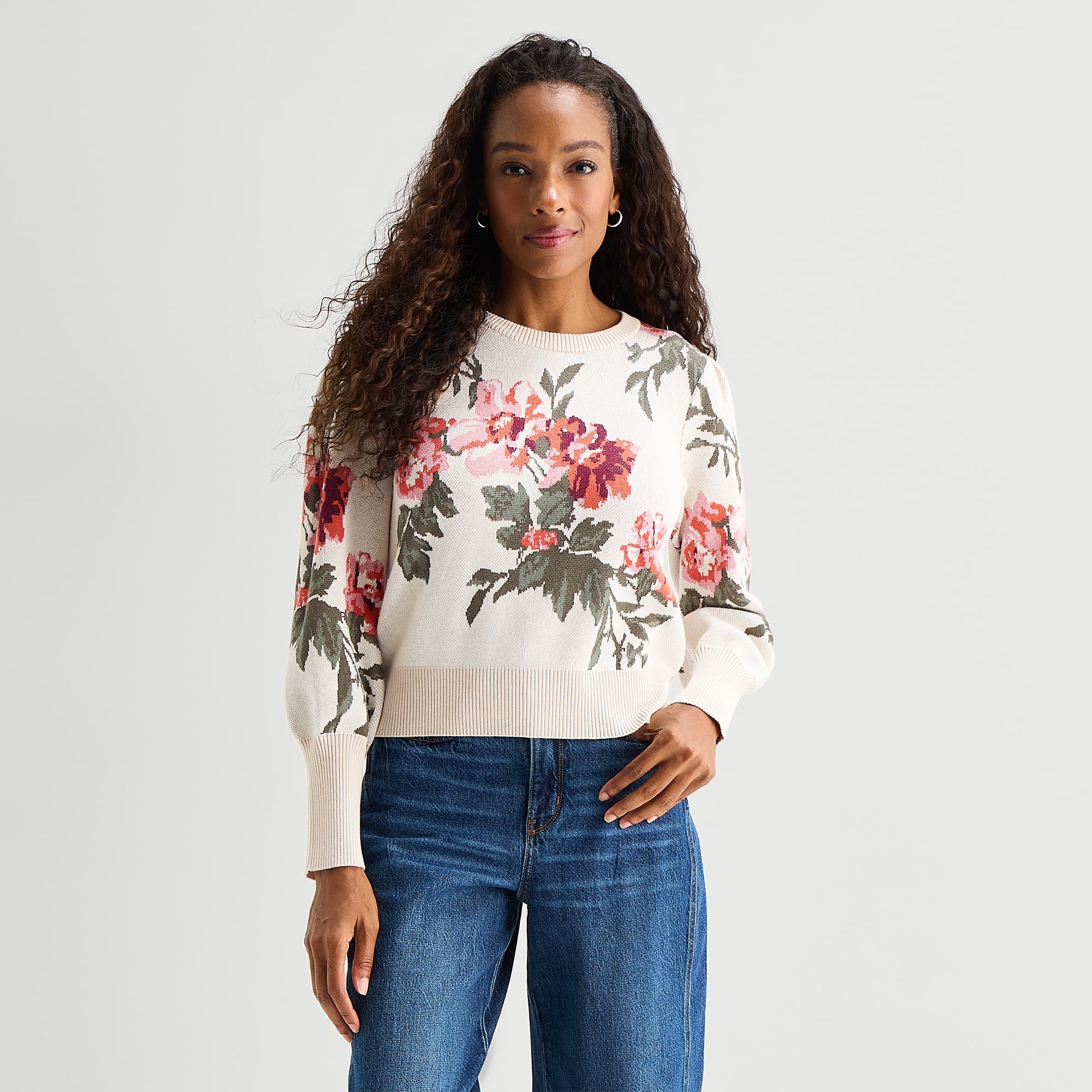 St. John's Bay Womens Crew Neck Long Sleeve Floral Pullover Sweater