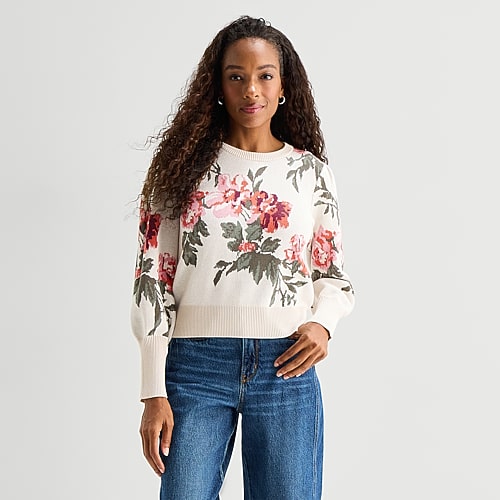 St. John's Bay Womens Crew Neck Long Sleeve Floral Pullover Sweater In White