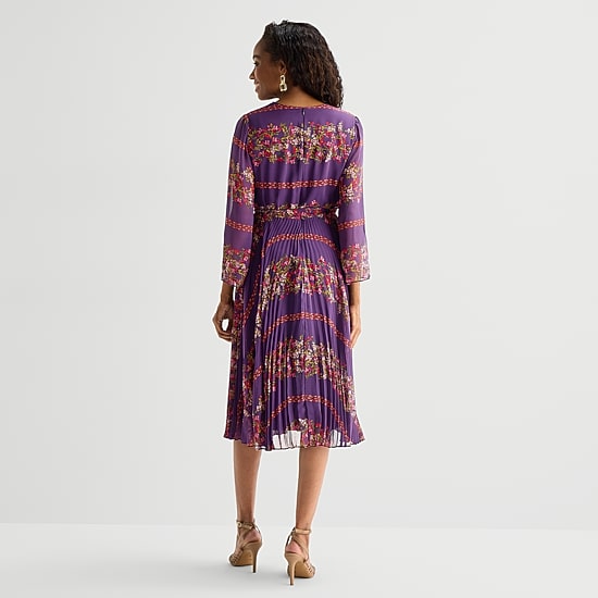 Danny & Nicole Womens Midi V Neck 3/4 Sleeve Chiffon Floral Fit + Flare Dress