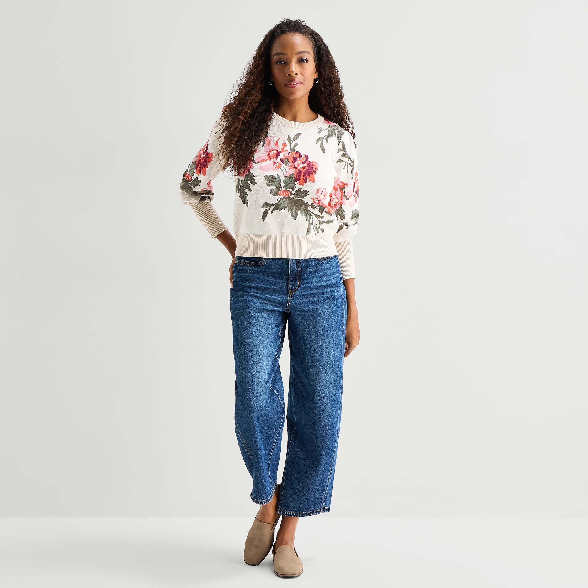 St. John's Bay Womens Crew Neck Long Sleeve Floral Pullover Sweater