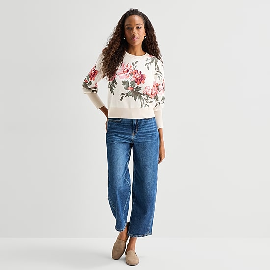 St. John's Bay Womens Crew Neck Long Sleeve Floral Pullover Sweater