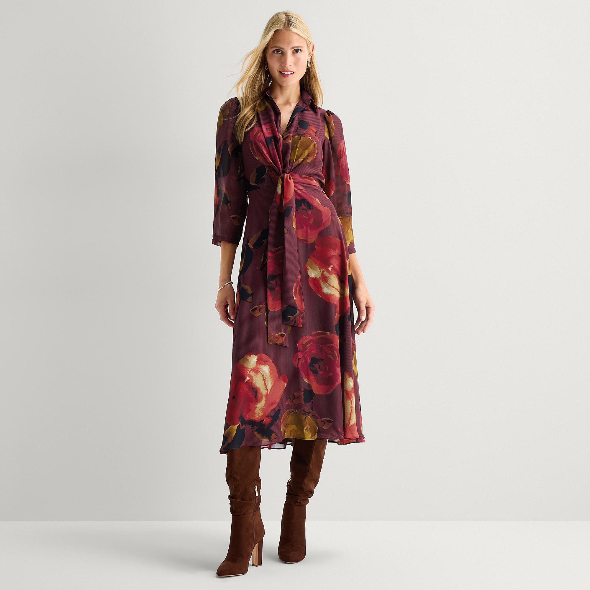Danny & Nicole Womens 3/4 Sleeve Midi Floral Shirt Dress