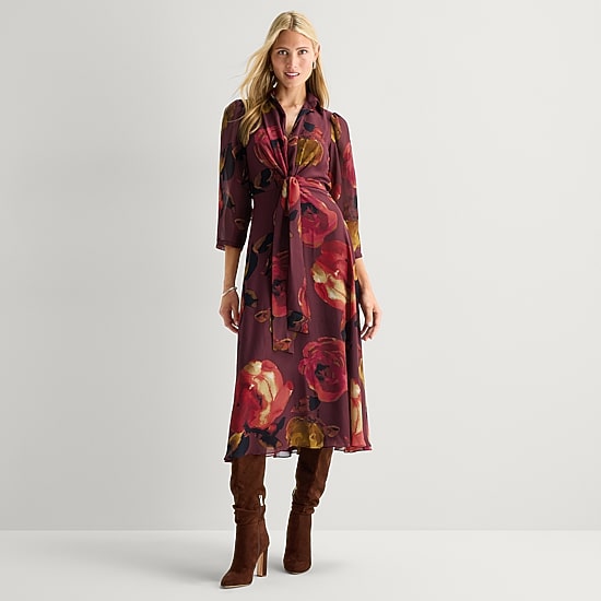 Danny & Nicole Womens 3/4 Sleeve Midi Floral Shirt Dress