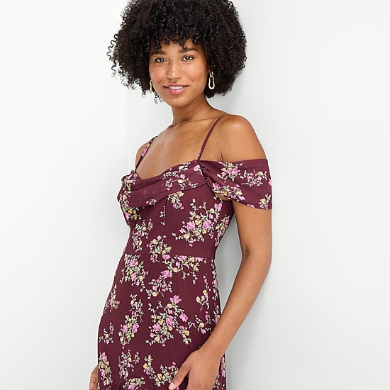 City Triangle Womens Juniors High-Low Draped Neck Sleeveless Off the Shoulder Chiffon Floral Fit + Flare Dress