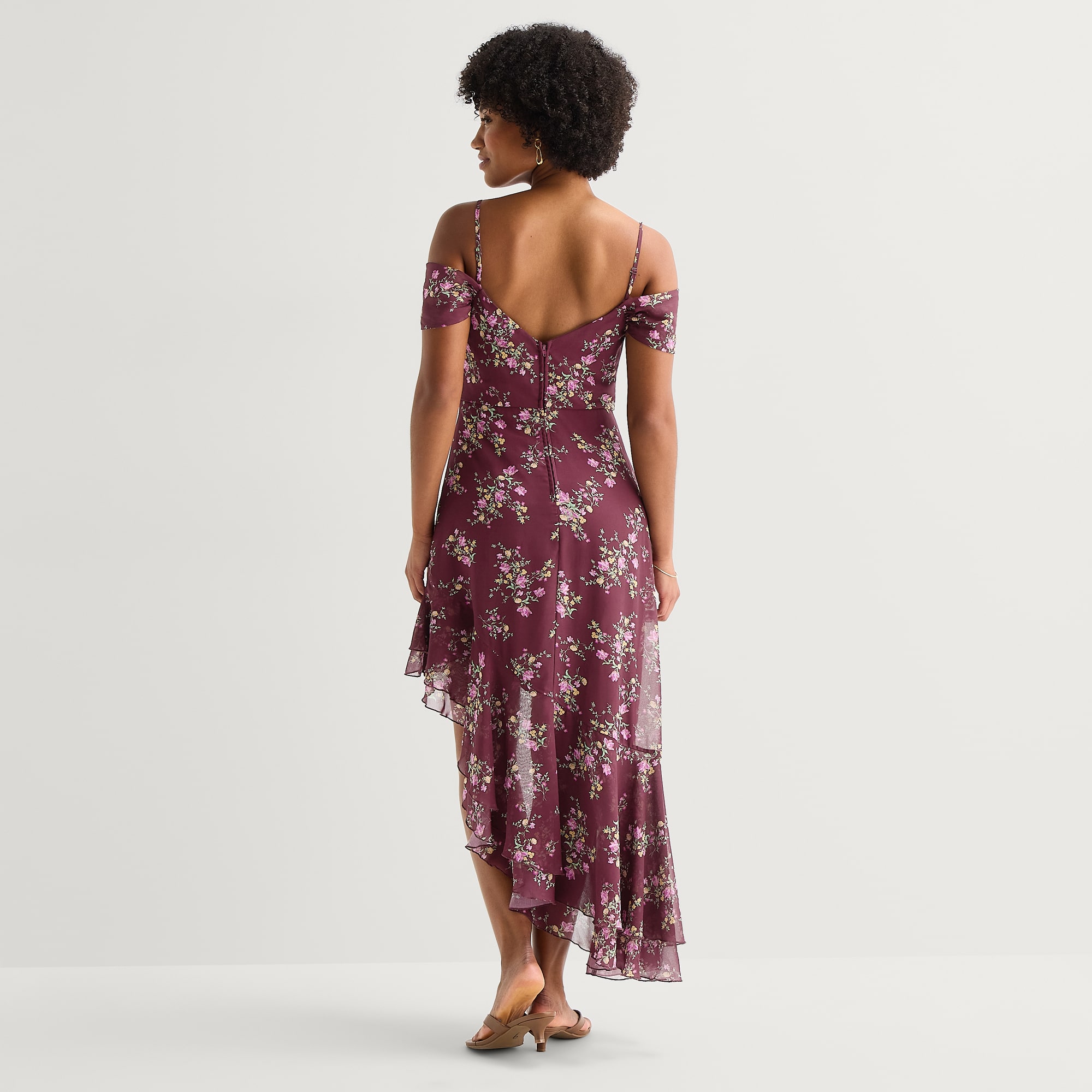 City Triangle Womens Juniors High-Low Draped Neck Sleeveless Off the Shoulder Chiffon Floral Fit + Flare Dress
