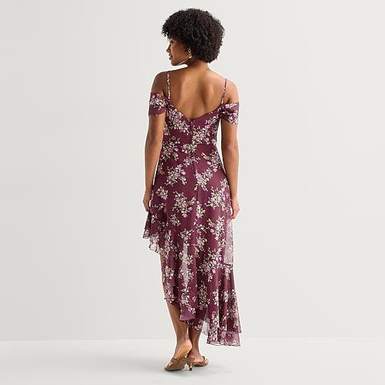 City Triangle Womens Juniors High-Low Draped Neck Sleeveless Off the Shoulder Chiffon Floral Fit + Flare Dress