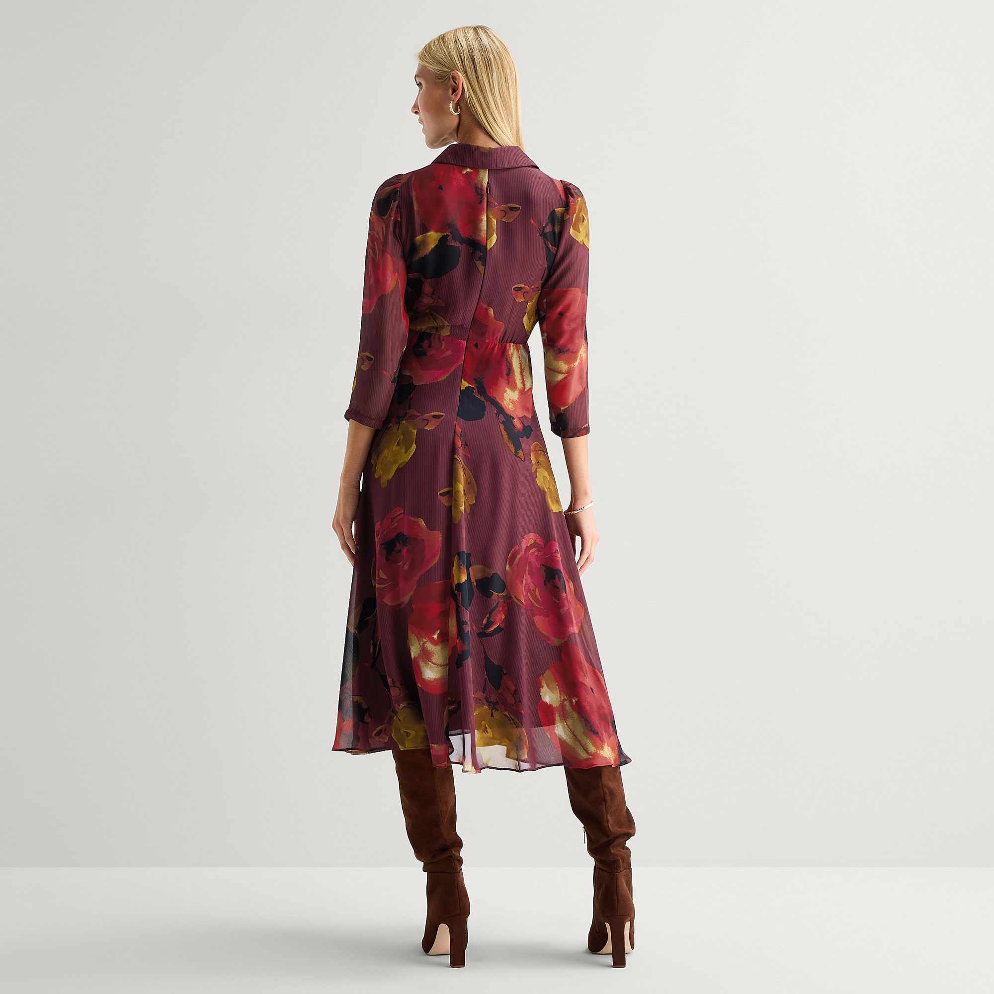 Danny & Nicole Womens 3/4 Sleeve Midi Floral Shirt Dress