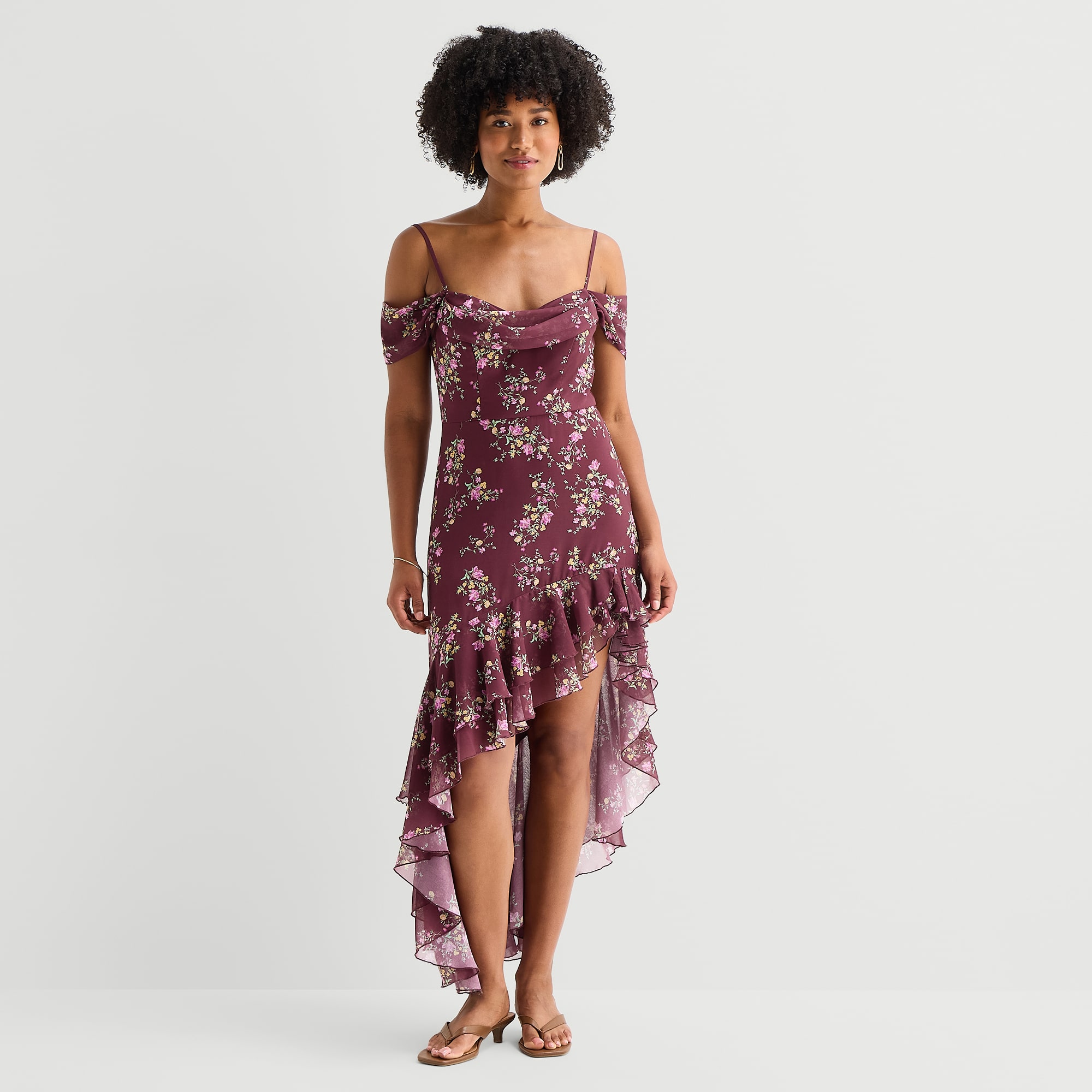 City Triangle Womens Juniors High-Low Draped Neck Sleeveless Off the Shoulder Chiffon Floral Fit + Flare Dress