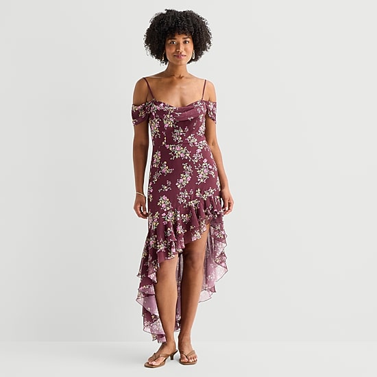 City Triangle Womens Juniors High-Low Draped Neck Sleeveless Off the Shoulder Chiffon Floral Fit + Flare Dress