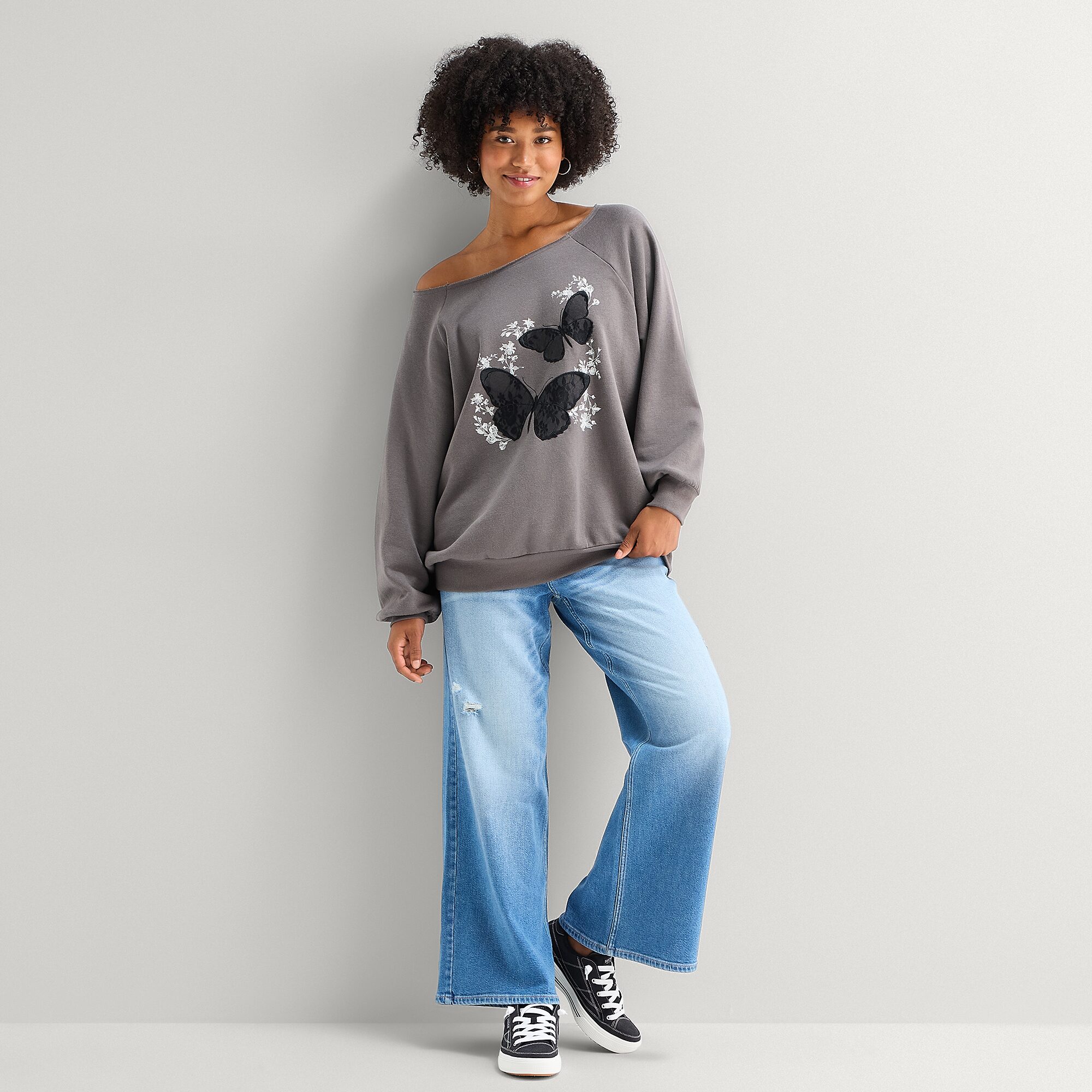 Arizona Womens Juniors Asymmetrical Neck Long Sleeve Sweatshirt