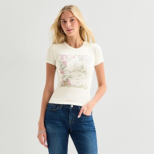 Arizona Womens Juniors Crew Neck Short Sleeve Regular Fit Graphic T-Shirt, Medium, White