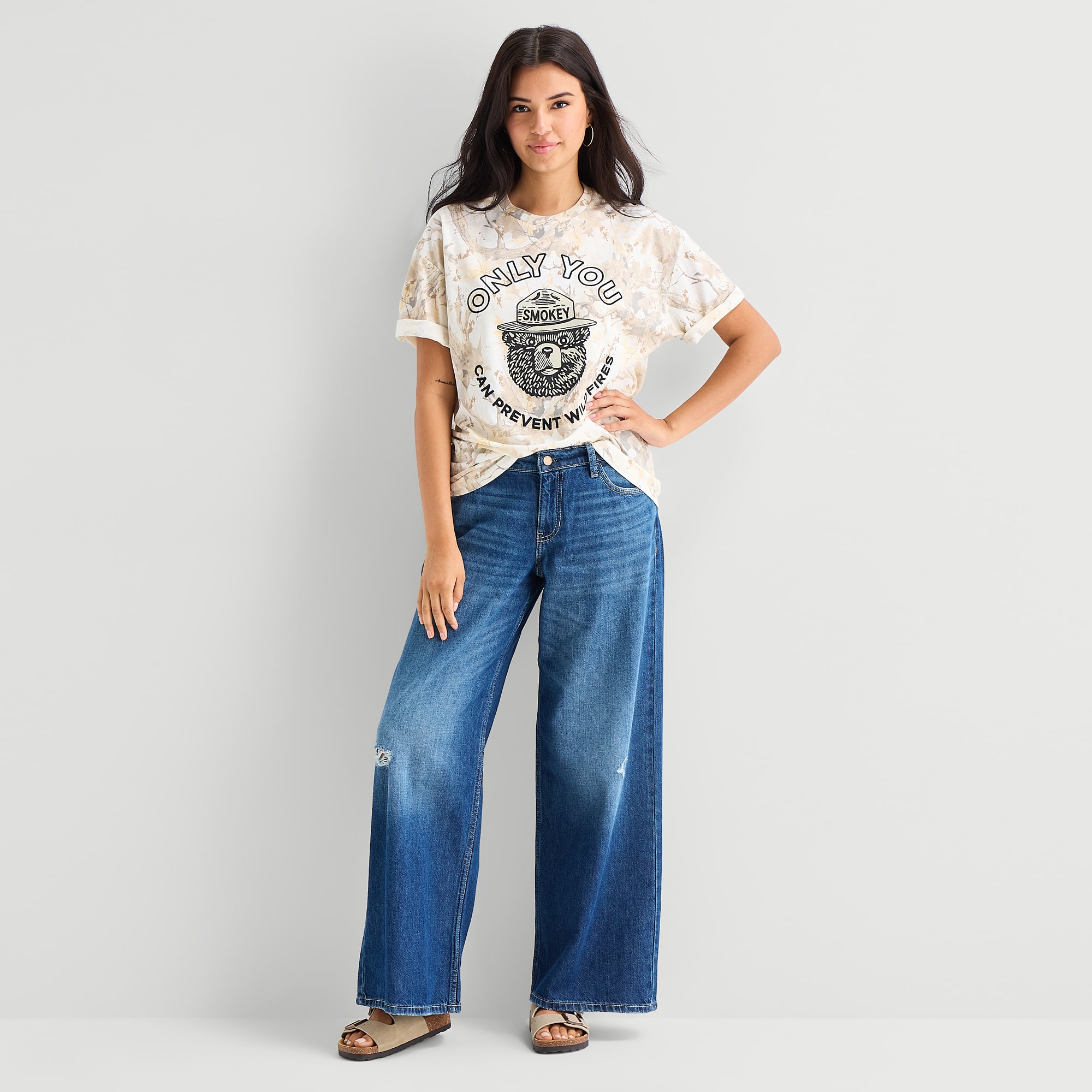 Camo Smokey Bear Oversized Tee Womens Juniors Crew Neck Short Sleeve Graphic T-Shirt