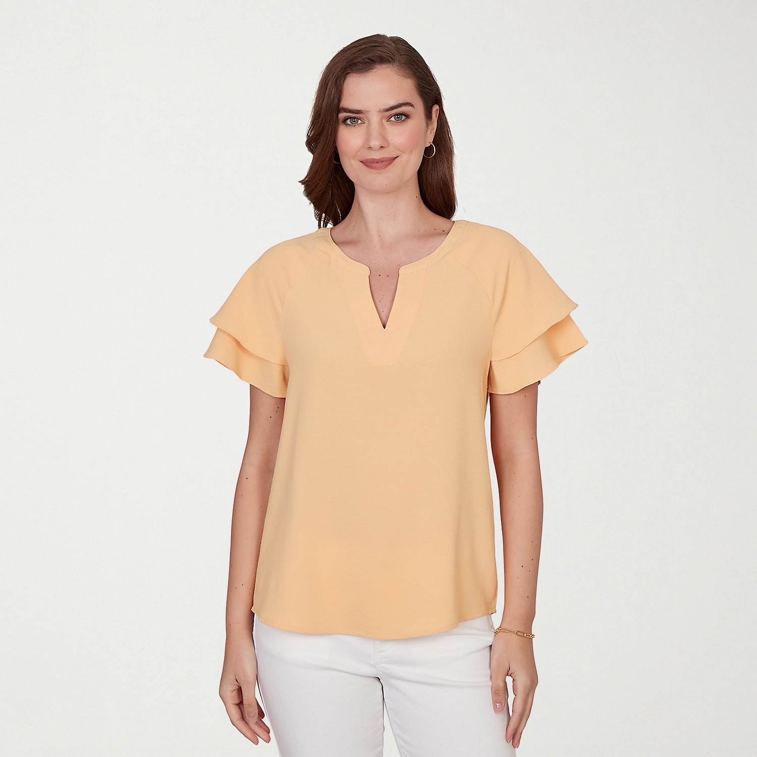 Hearts Of Palm Womens Split Crew Neck Short Sleeve Ruffled Blouse