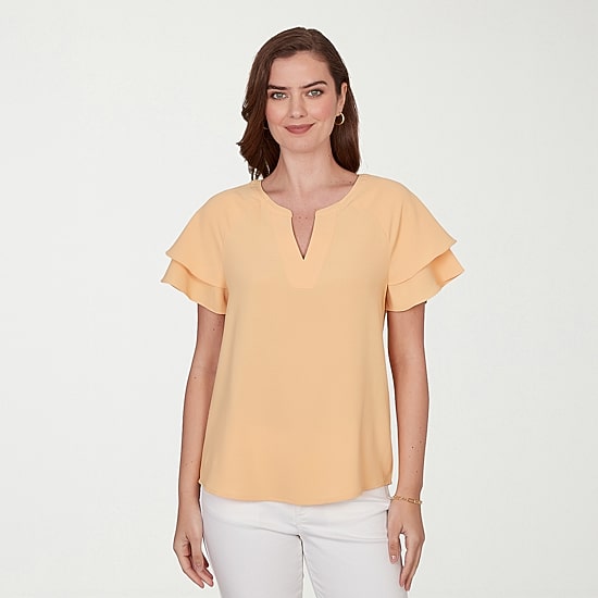 Hearts Of Palm Womens Split Crew Neck Short Sleeve Ruffled Blouse