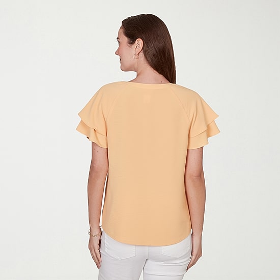 Hearts Of Palm Womens Split Crew Neck Short Sleeve Ruffled Blouse