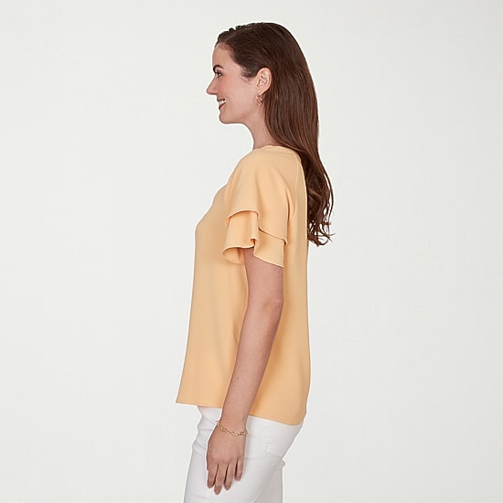 Hearts Of Palm Womens Split Crew Neck Short Sleeve Ruffled Blouse