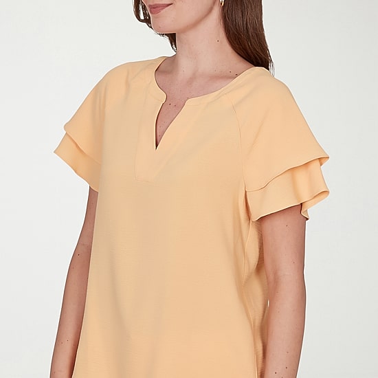 Hearts Of Palm Womens Split Crew Neck Short Sleeve Ruffled Blouse